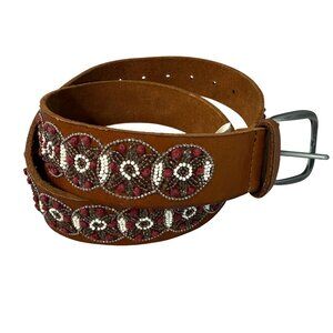 Lucky Brand Brown Leather Beaded Belt Silver-Tone Buckle & Floral Design Size S